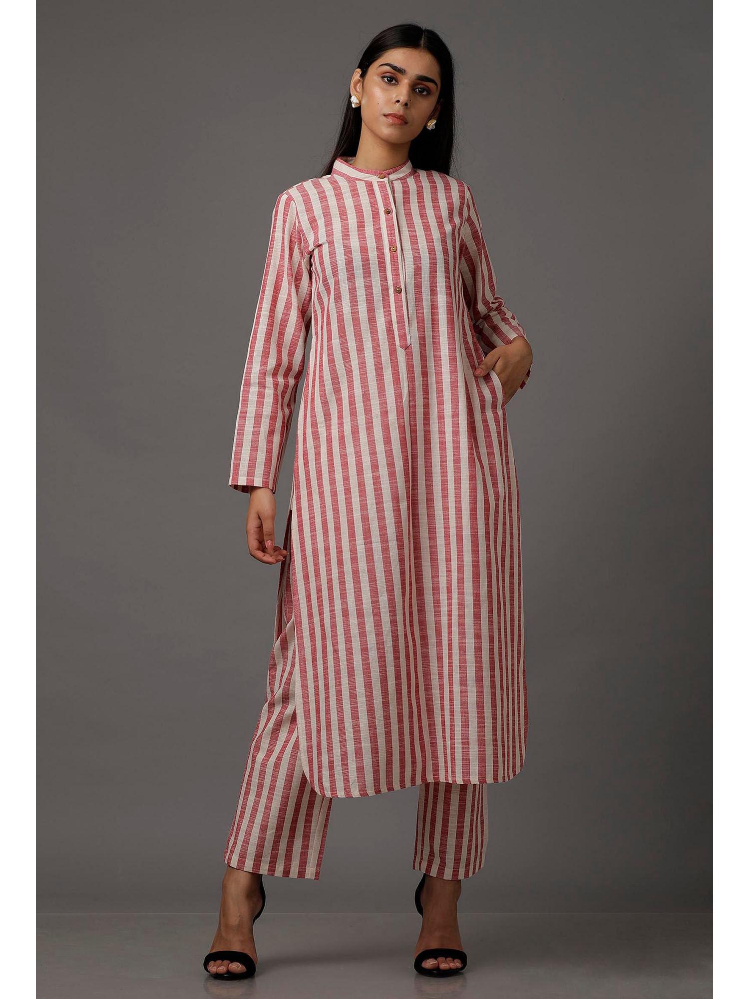 peach red & white stripes pure woven cotton kurta with complimentary mask (set of 2)