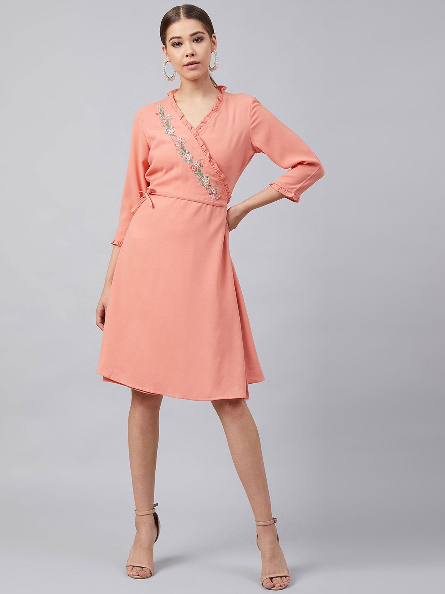 peach regular embroidepeach knee length dress