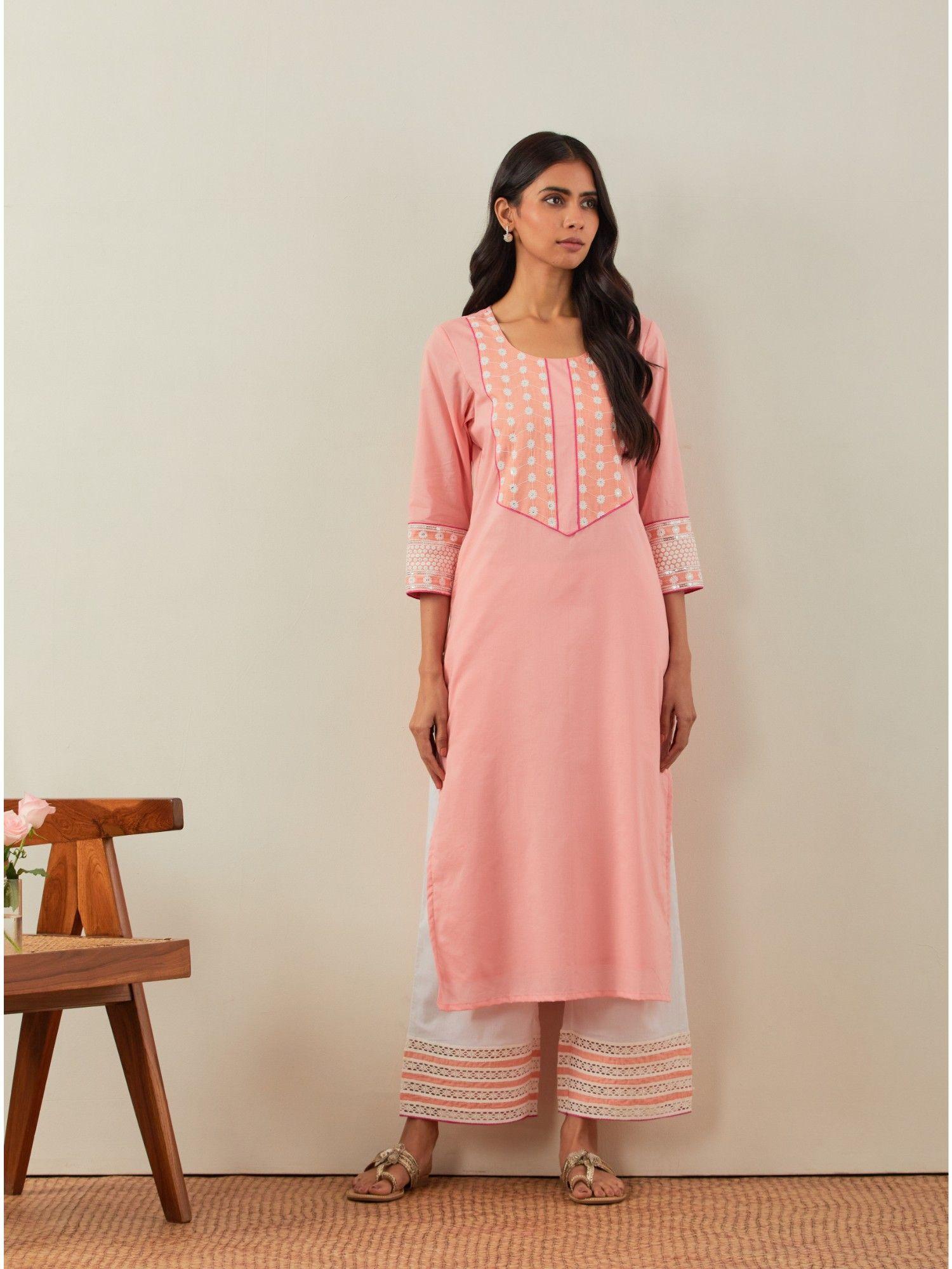 peach rooh straight kurta with chikankari yoke details