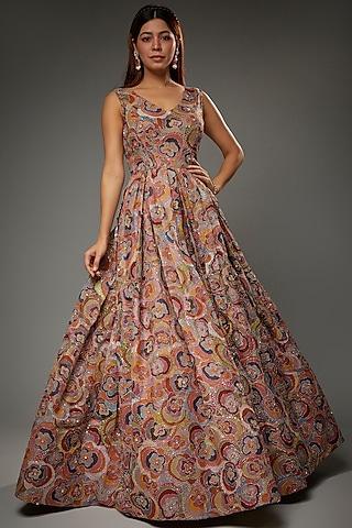 peach rose organza printed & embellished gown