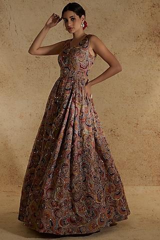 peach rose printed & embellished gown