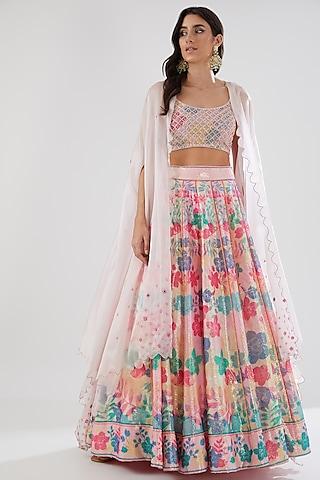 peach rose sequins printed lehenga set