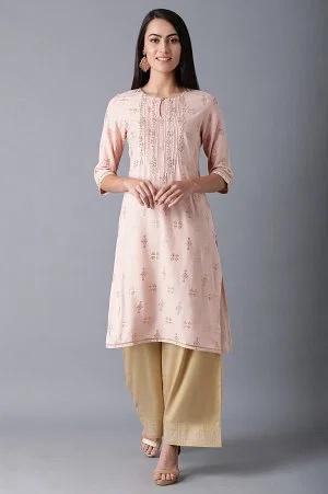 peach round neck embroidered kurta