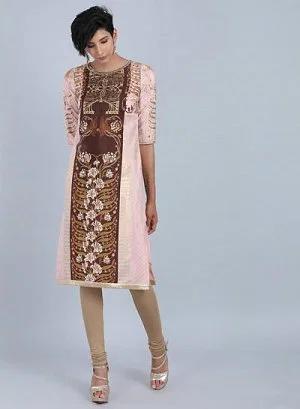 peach round neck printed kurta