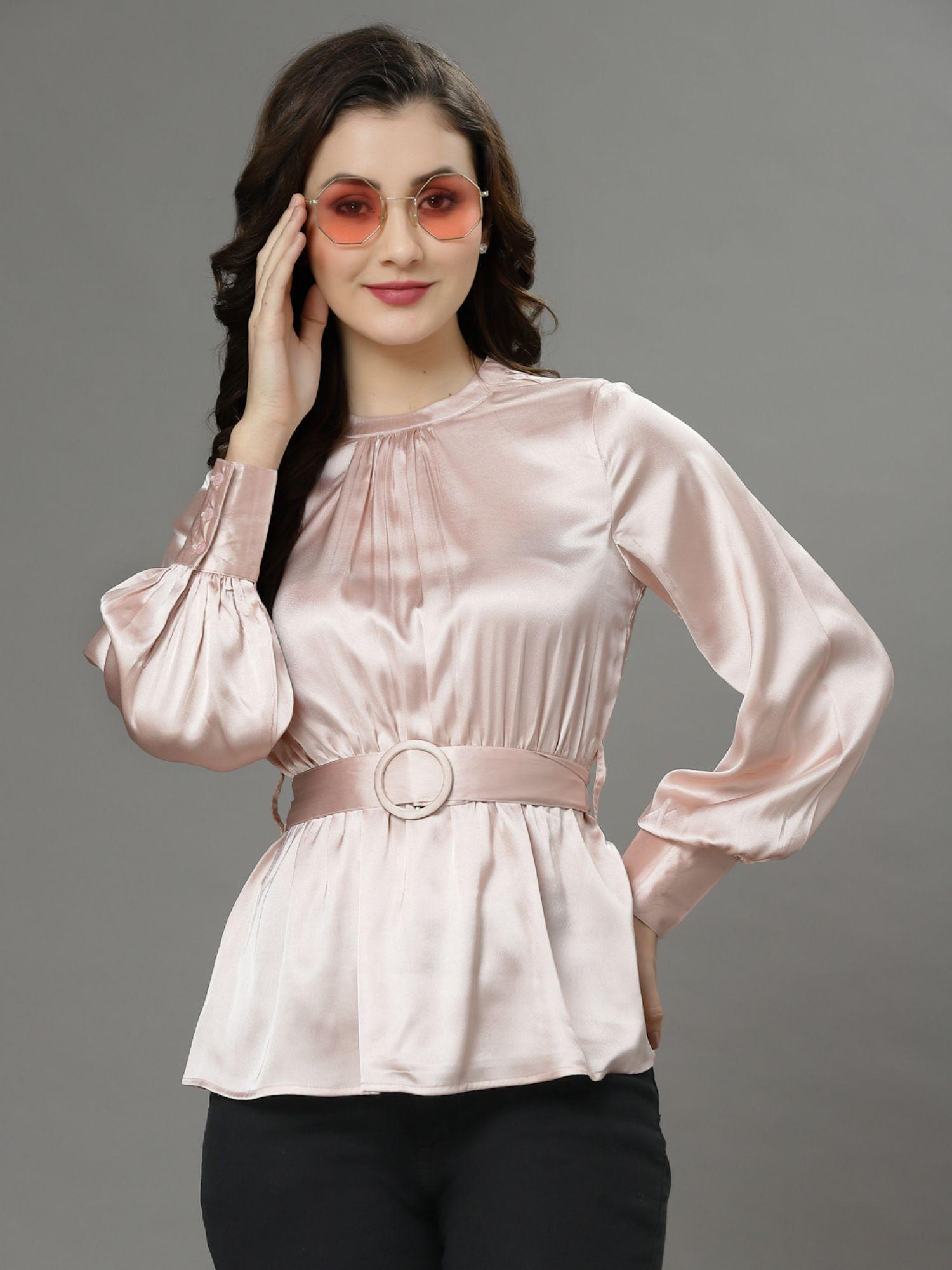 peach round neck waist belt feminine frills top (set of 2)