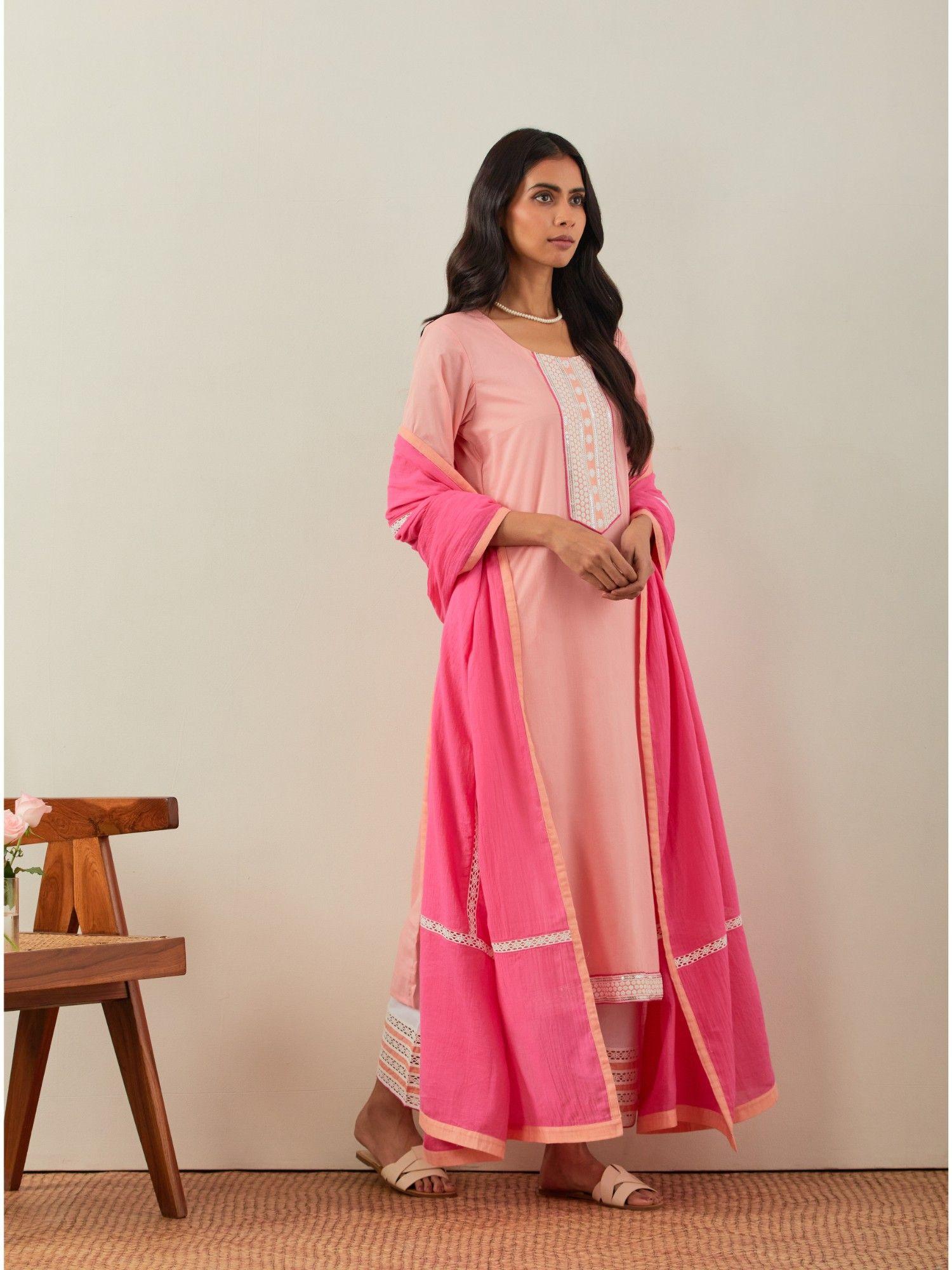 peach rozana straight kurta with placket & palazzo & dupatta (set of 3)