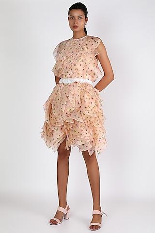 peach ruffled dress with belt