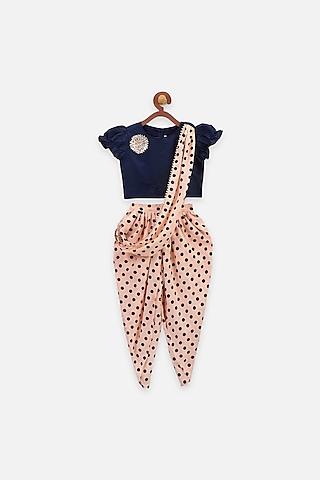 peach saree dhoti set with polka dots for girls