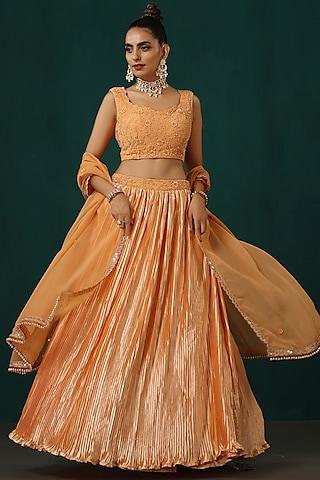 peach satin & crepe hand embroidered pleated lehenga set