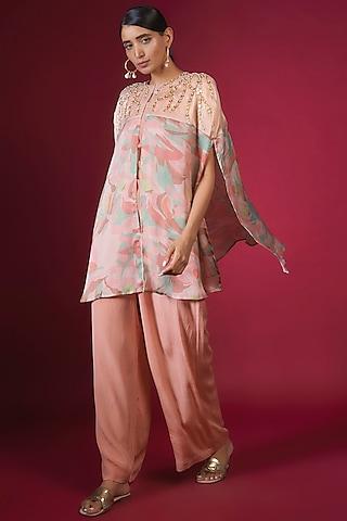 peach satin chiffon & crepe abstract leaf printed cape set