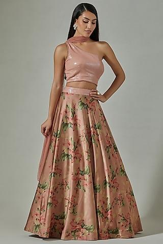 peach satin floral printed handcrafted lehenga set