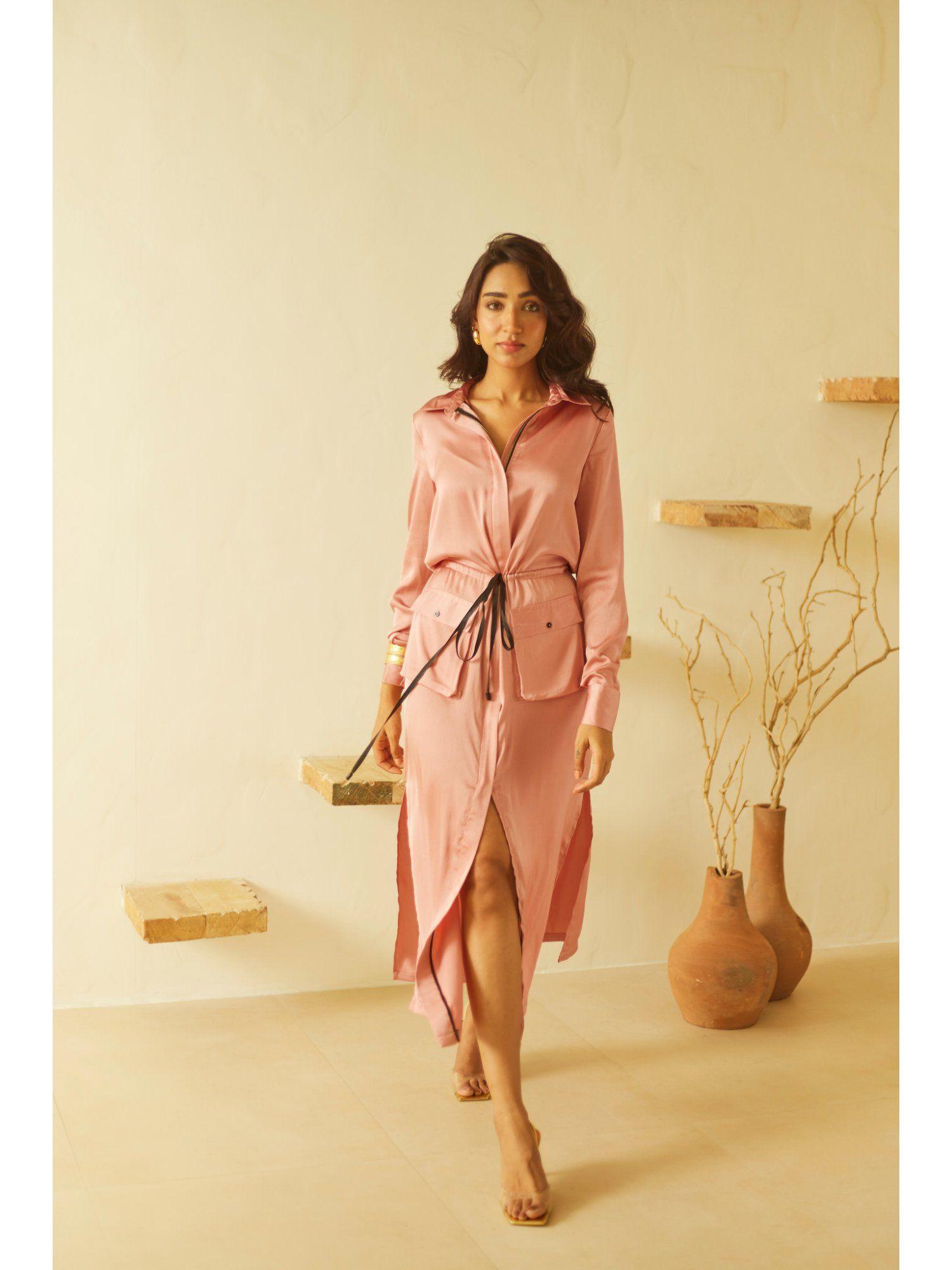 peach satin shirt dress