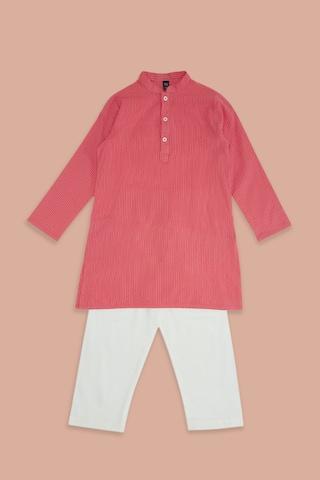 peach self design casual mandarin full sleeves calf-length boys regular fit pant kurta set