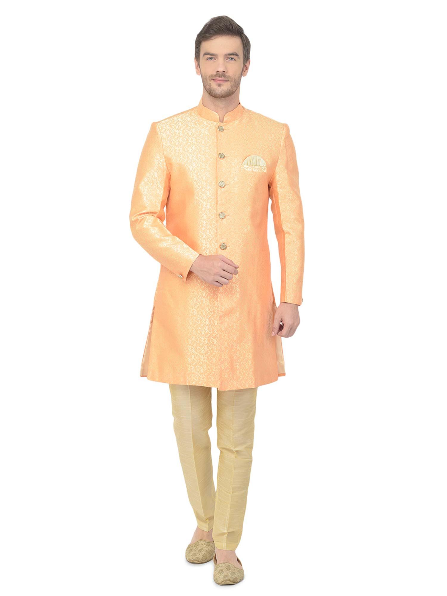 peach self design indo western sherwani (set of 2)