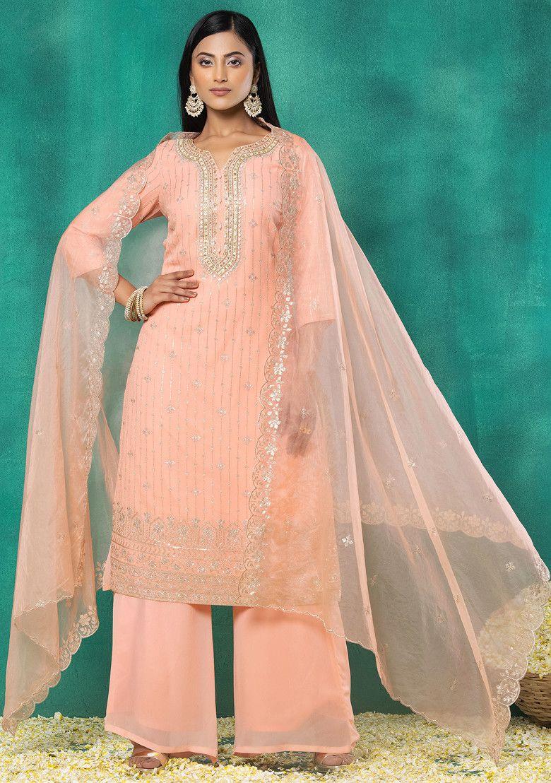 peach sequin zari geometric embroidered kurta set with pants and organza dupatta