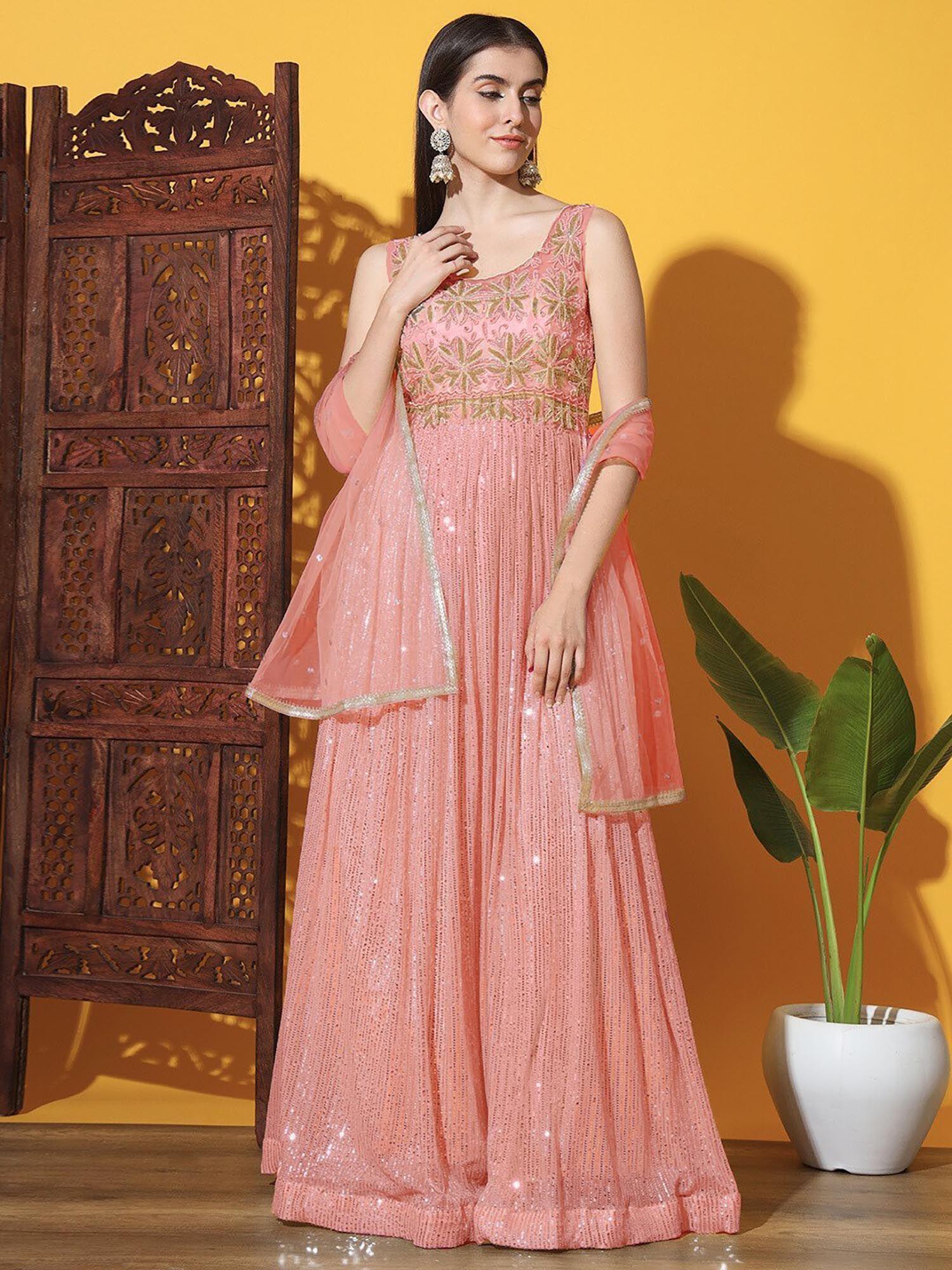 peach sequinned flared cocktail dress with dupatta (set of 2)