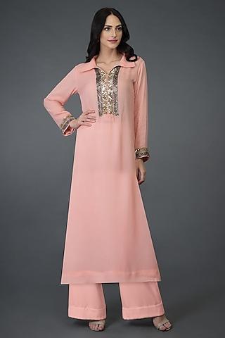 peach sequins & beads embroidered kurta with pants