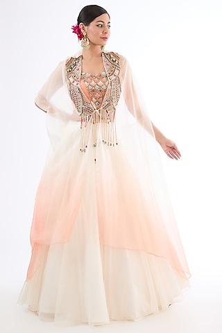 peach shaded organza hand embroidered cape set