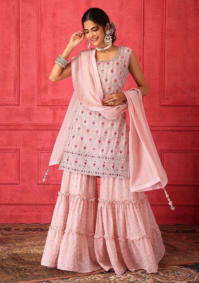 peach sharara set with short embroidered kurta and dupatta