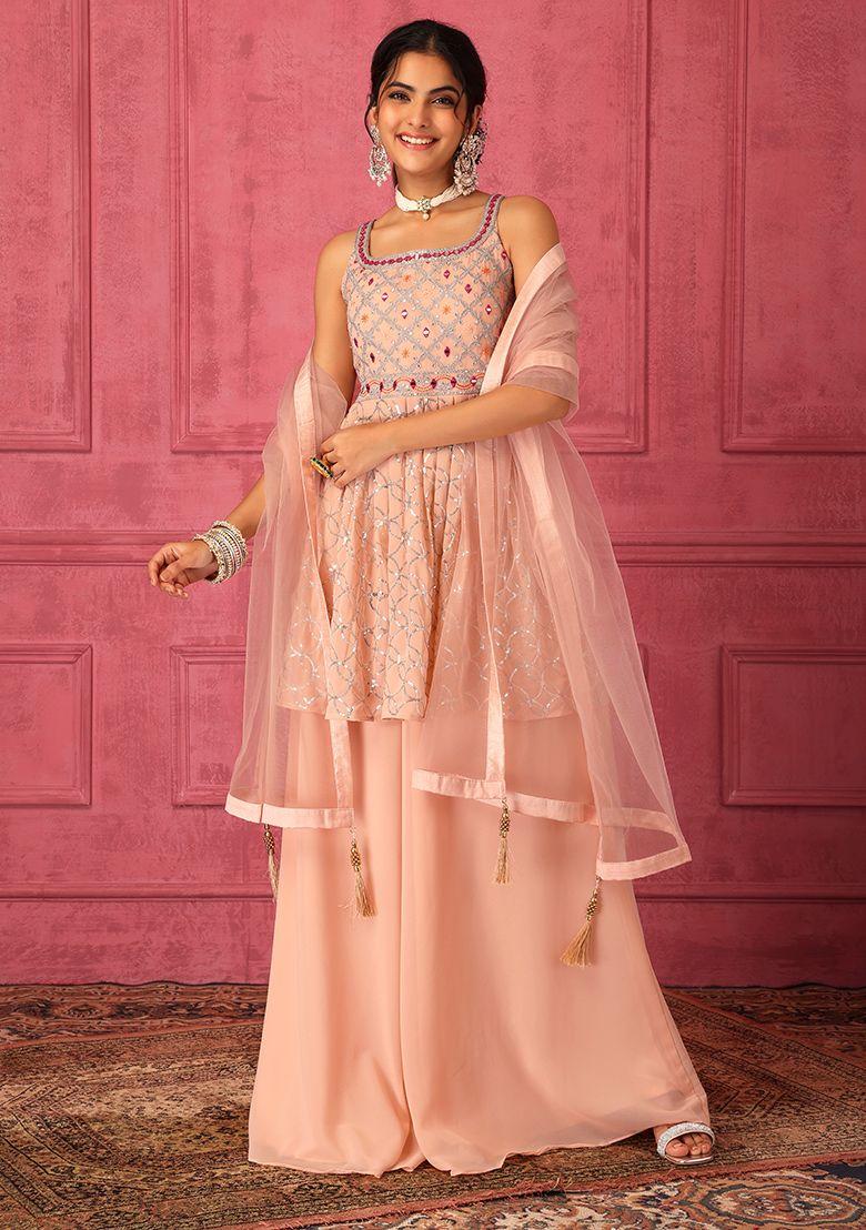 peach sharara set with short embroidered peplum kurta and dupatta