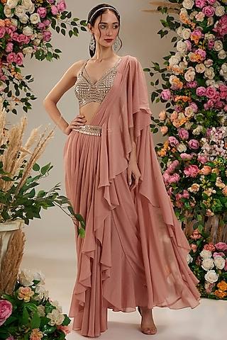 peach shimmer georgette draped saree set