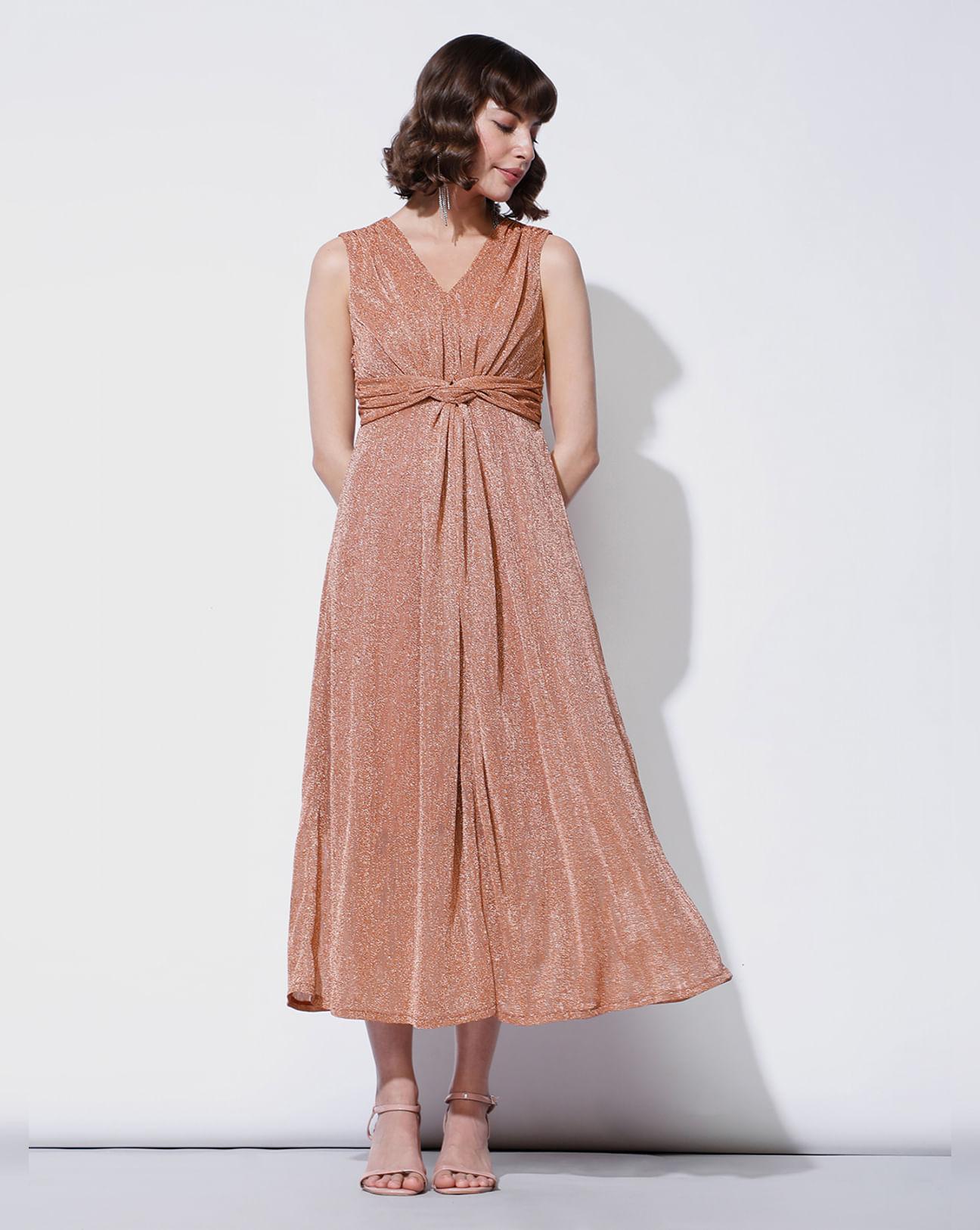 peach shimmer waist knot maxi dress