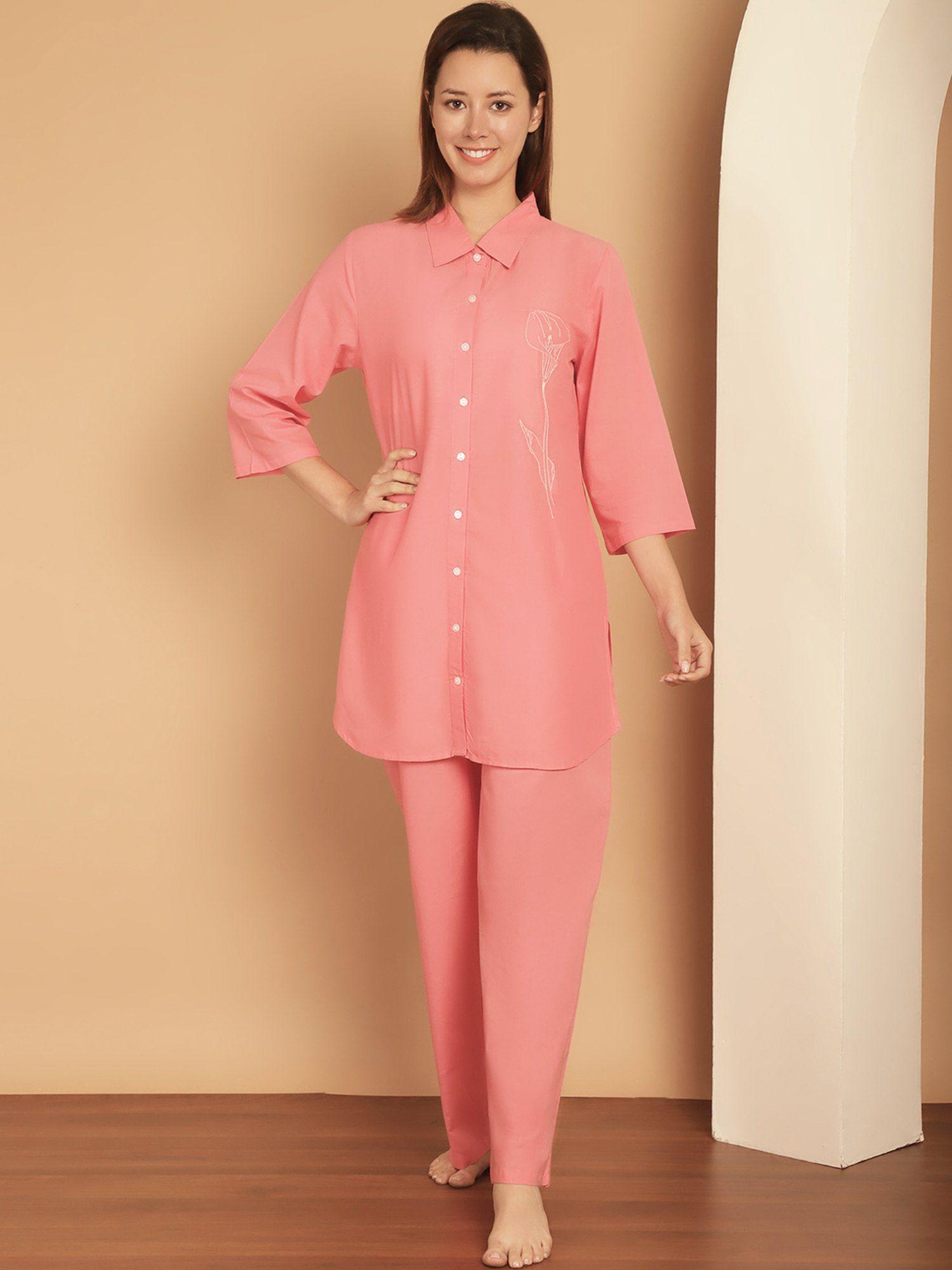 peach shirt collar pure cotton night suit (set of 2)