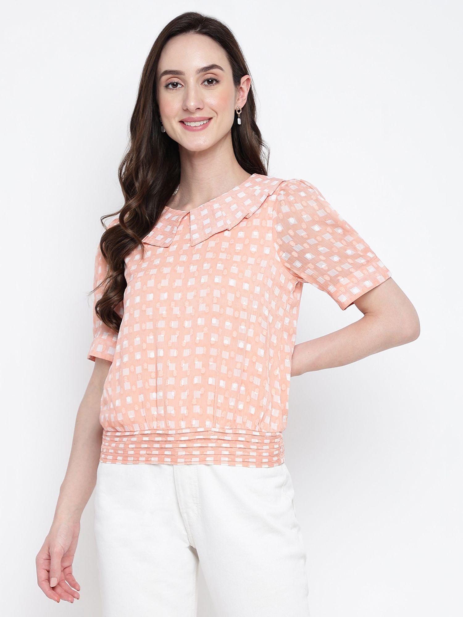 peach short sleeve printed polyester top