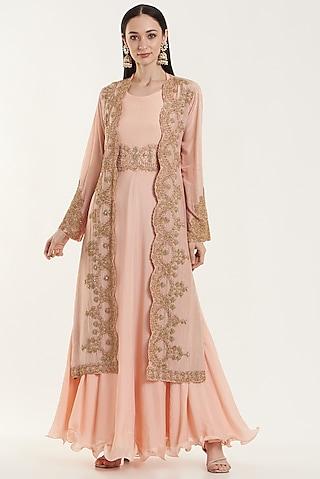 peach silk & chiffon embroidered gown with jacket