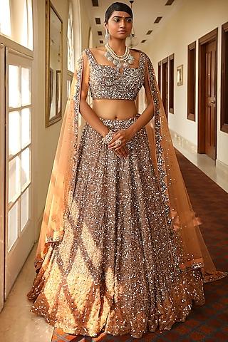 peach silk & satin organza embroidered lehenga set