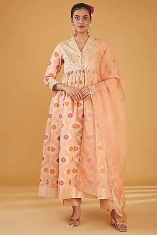 peach silk blend & viscose brocade embroidered anarkali set