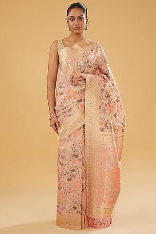 peach silk blend floral motifs saree set