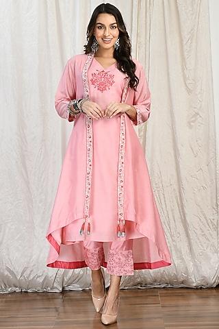 peach silk chanderi cape set