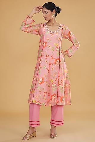 peach silk chanderi digital printed & hand embroidered kurta set