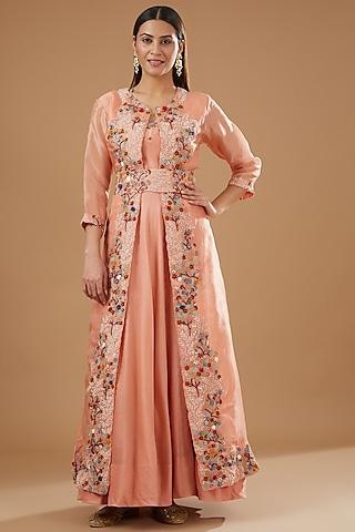 peach silk chanderi embroidered anarkali set