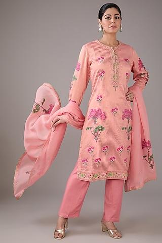 peach silk chanderi hand-block printed & zardosi embroidered kurta set