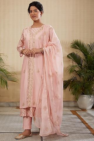 peach silk chanderi kurta set