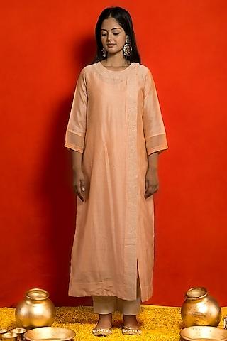 peach silk chanderi resham hand embroidered straight angrakha kurta set