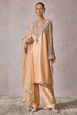 peach silk dupion hand embroidered kurta set