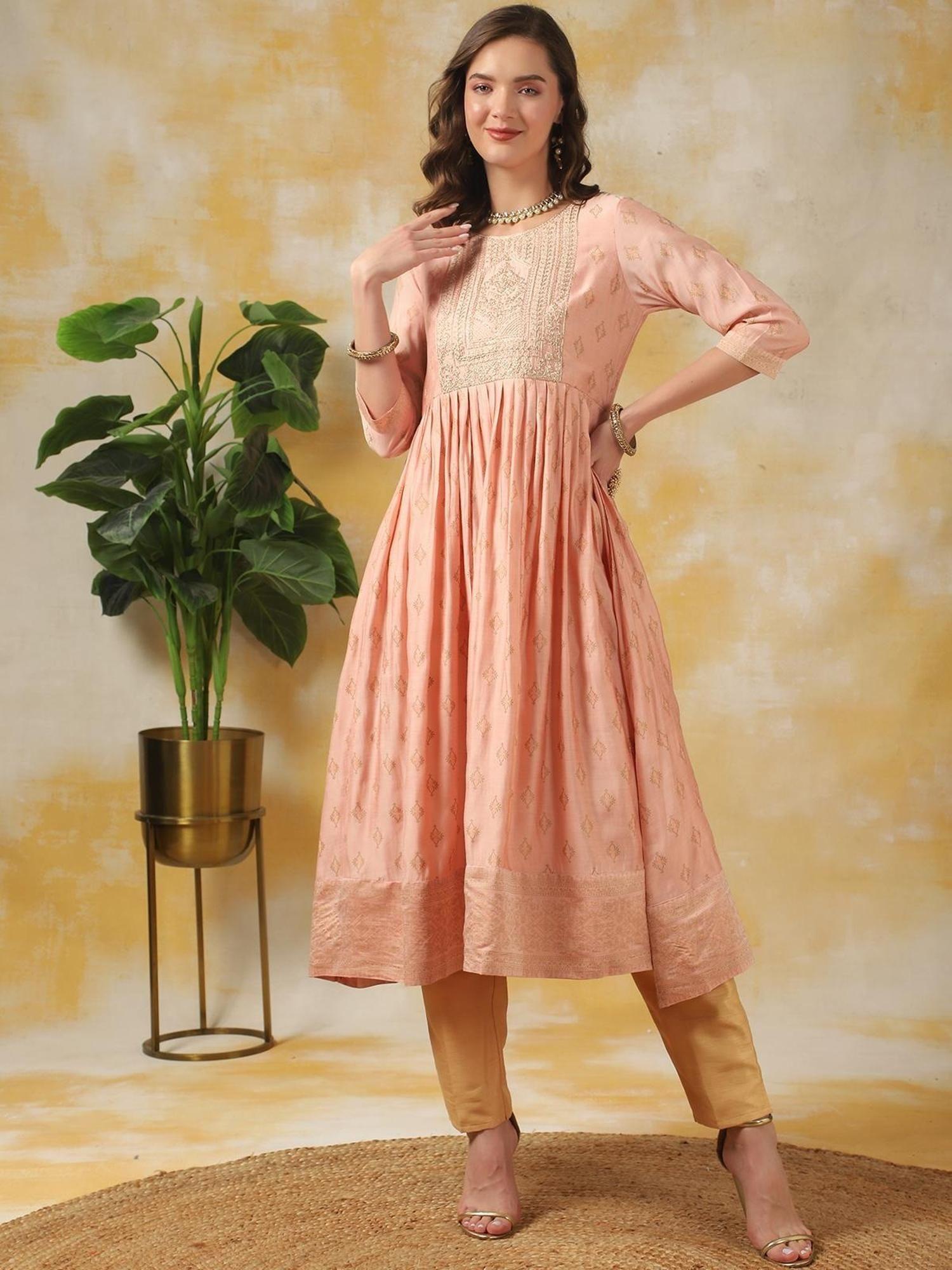 peach silk embroidered calf length anarkali kurta