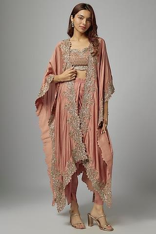 peach silk embroidered cape set