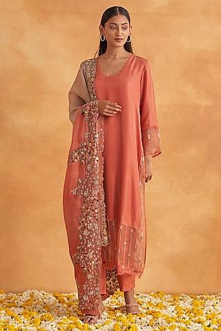 peach silk embroidered kurta set