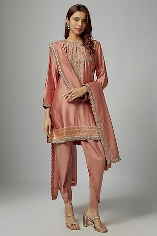 peach silk embroidered kurta set