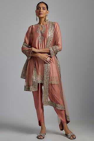 peach silk embroidered kurta set