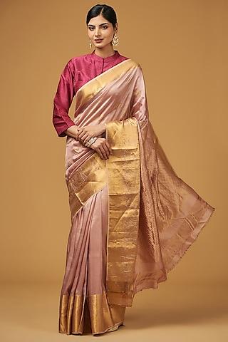 peach silk floral motif embroidered saree set