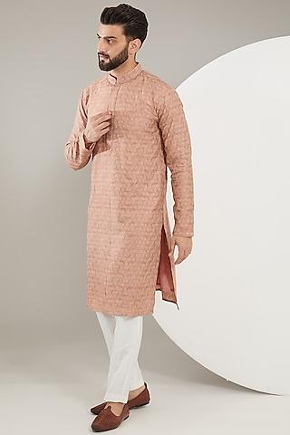 peach silk geometric embroidered kurta set