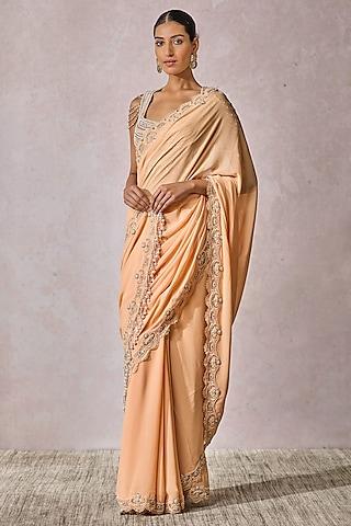 peach silk georgette french lace embroidered draped saree set