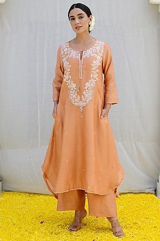 peach silk hand embroidered kurta set