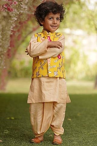 peach silk kurta set with bundi jacket for boys