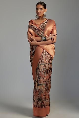 peach silk printed saree set